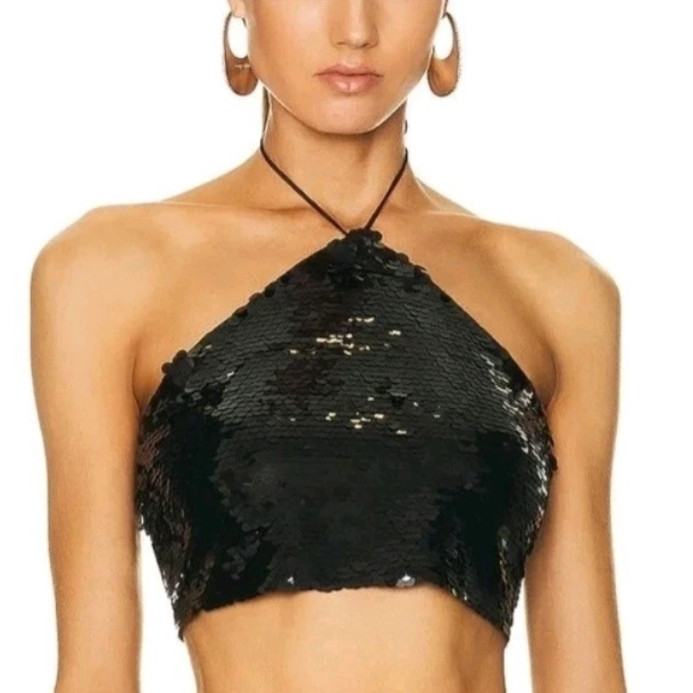 House Of Harlow 1960 Black Sequin Crop Sparkle Halter Top Medium NEW NWT